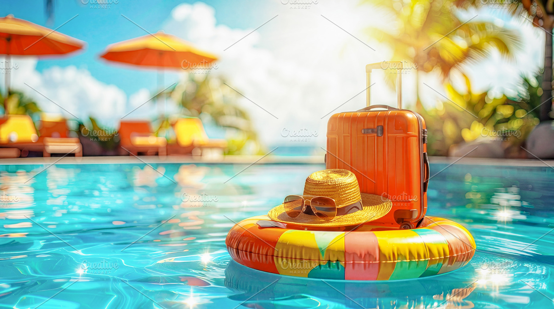 Sunny Pool Float with Suitcase at Tropical Resort, a Sports & Recreation Photo by Davizro's Market
