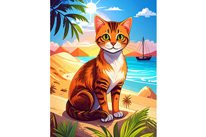 Cat in Egypt at the Beach, an Animal Illustration by Sharon Schwalbe