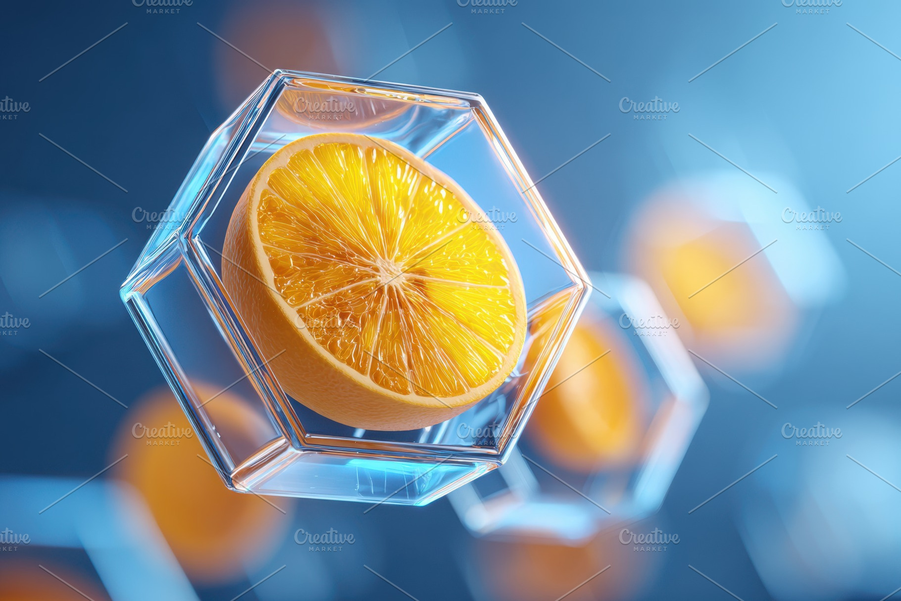 Halved orange in glass hexagon, a Food & Drink Photo by AlyaAnd