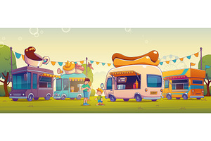 Cartoon food truck with kids opening, a Food Illustration by art PVP - market