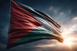 Palestinian flag waving in dramatic sunset sky with realistic fa, an Abstract Photo by José Manuel Gelpi