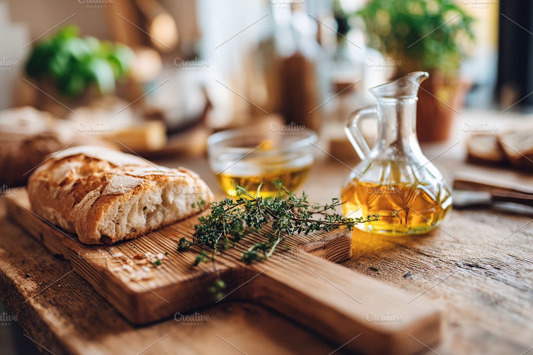 Freshly baked bread with herbs and olive oil on a rustic wooden cutting board i, a Food & Drink Photo by AlyaAnd