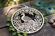 Floral Peacock Round Wooden Ornament, an Object Graphic by Libby Wishes (Thumbnail 2 of 3)