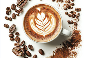 Latte art coffee cup beans and groun, a Food & Drink Photo by Pixeness Studio