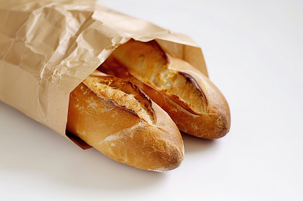Freshly baked baguette in paper bag isolated on white background, a Food & Drink Photo by AlyaAnd
