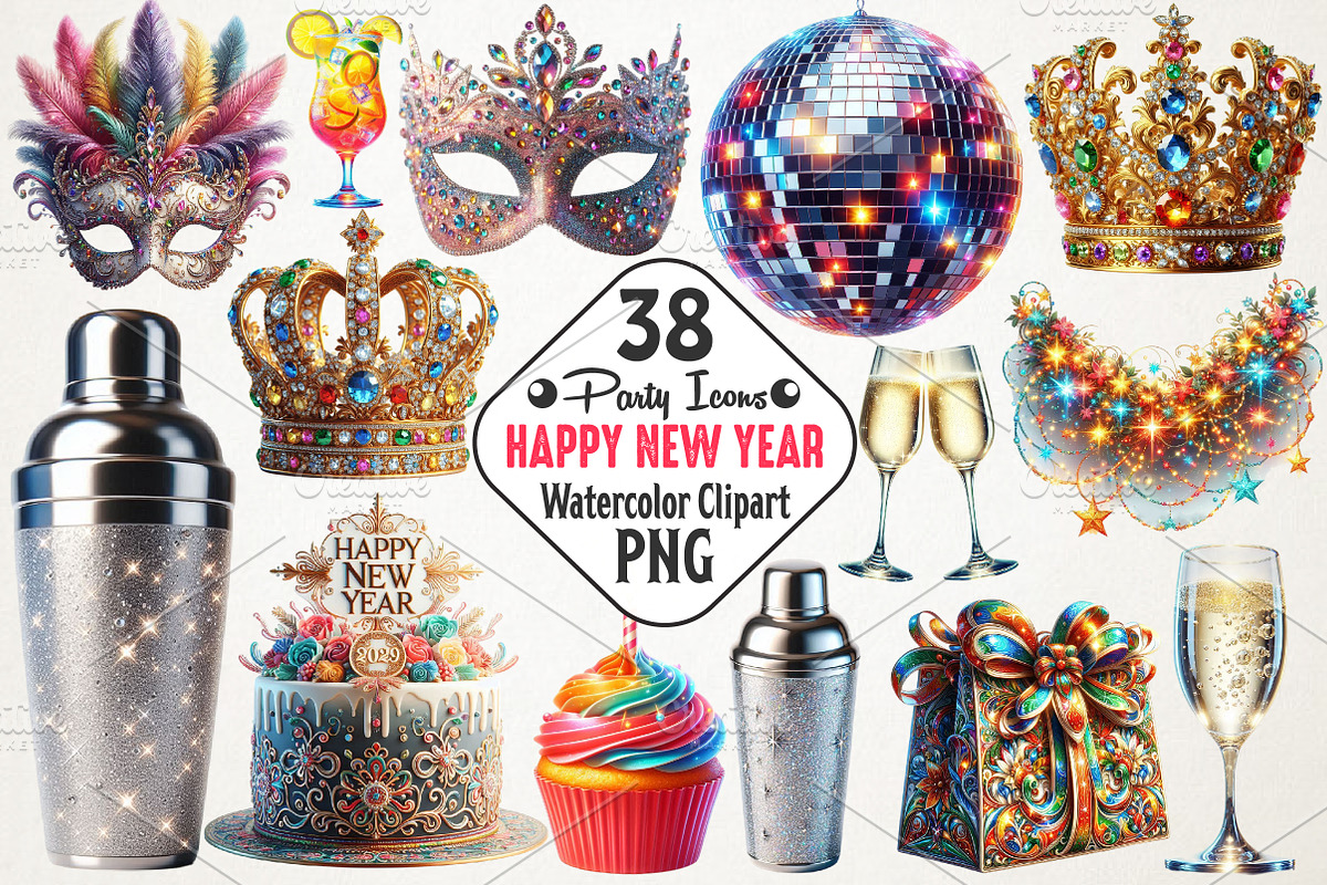 Festive Party Icons Happy New Year, a Seasonal Illustration by RobertsArt (Photo 1 of 5)