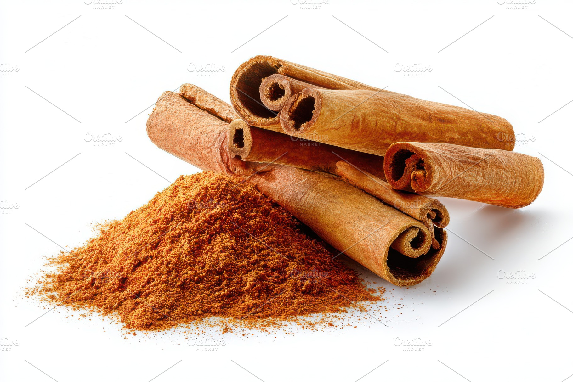 Cinnamon sticks and ground cinnamon, a Photo by Pixeness Studio
