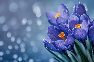 Blue crocuses sparkle with rain, a Photo by Pavel_design