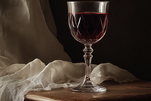 Carved crystal wine glass holding red wine on an old wooden table. Creating a m, a Food & Drink Photo by Studio ANNA