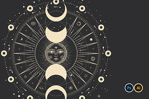 Sun And Moon Phases. Engraving