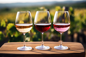 Glasses of red, white and pink wine on vineyard background, a Food & Drink Photo by AlyaAnd