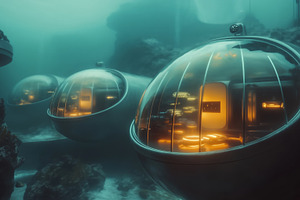 Futuristic underwater habitat with transparent domes, illuminated interiors, an, an Arts & Entertainment Photo by Textures & Backgrounds