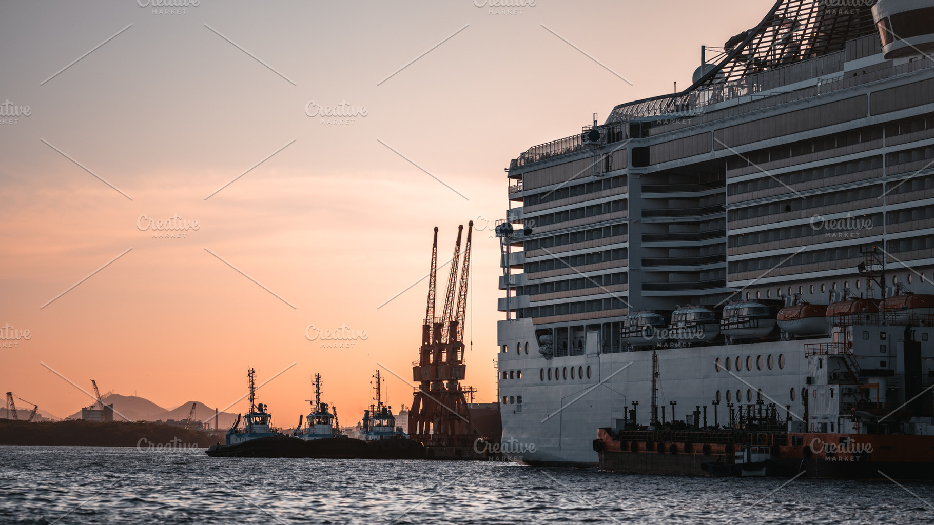 Cruise Ship In Port At Sunset, a Transportation Photo by SkyNext