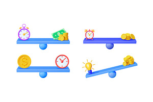 Scales comparing time, money, and, a Finance Illustration by Abscent