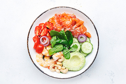 Salmon salad for ketogenic diet with shrimp, avocado, spinach, c, a Food & Drink Photo by 5PH
