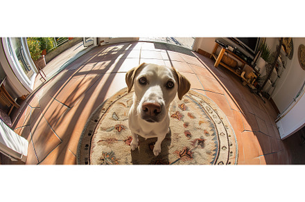 Curious dog sitting in a sunlit room, an Animal Photo by Lermont51