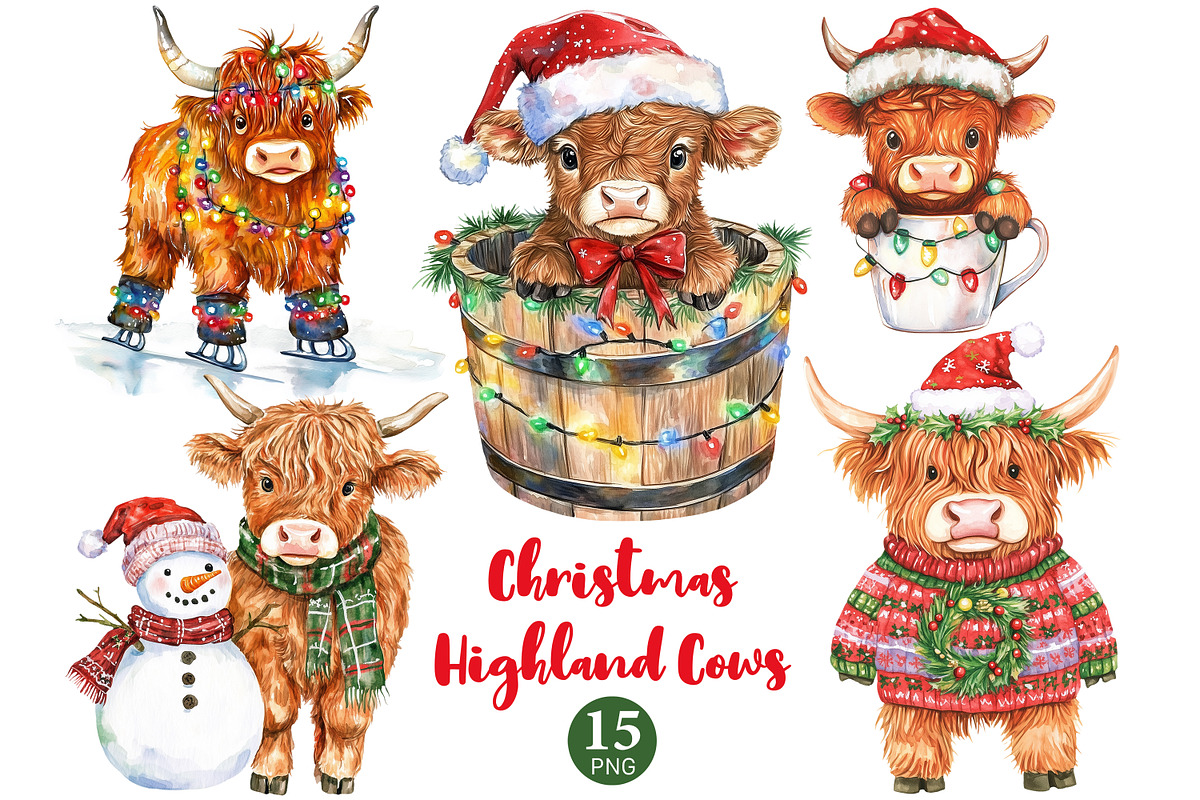 Christmas Highland Cows Clipart, a Seasonal Illustration by GlamArtZhanna (Photo 1 of 6)