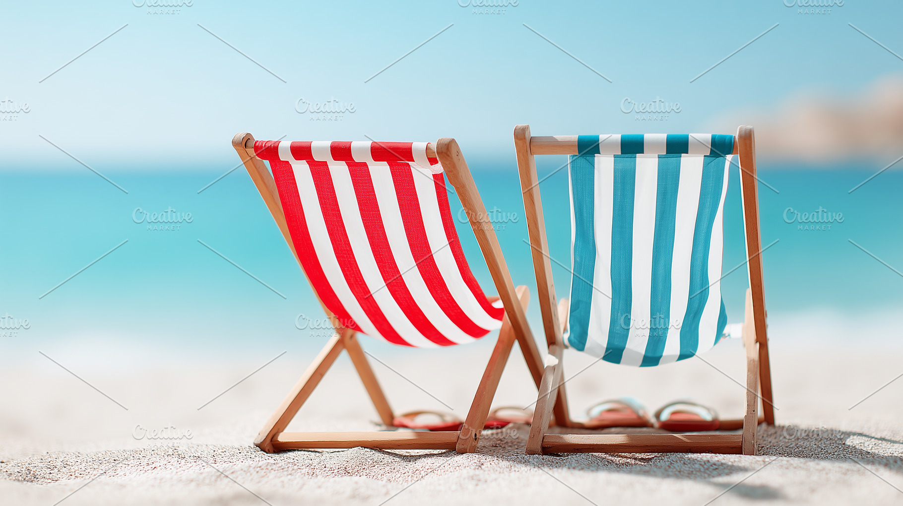 Two colorful striped deck chairs on, a Nature Photo by MistyDay