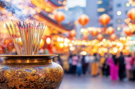 Burning incense sticks in a soft turquoise holder with wisps of smoke, set agai, a Holiday Photo by Mashimara