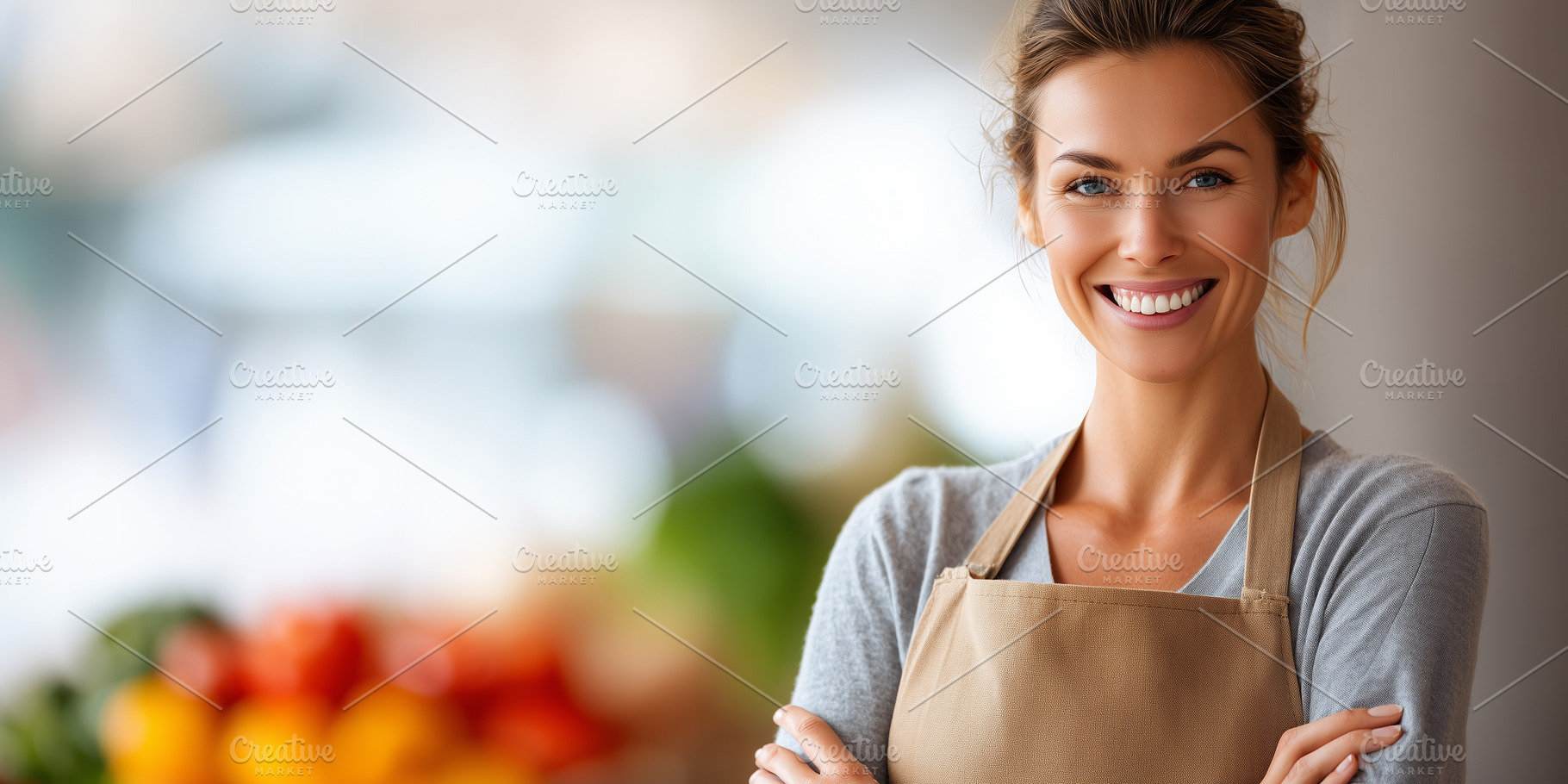 Smiling woman in apron standing, a Person Photo by MistyDay