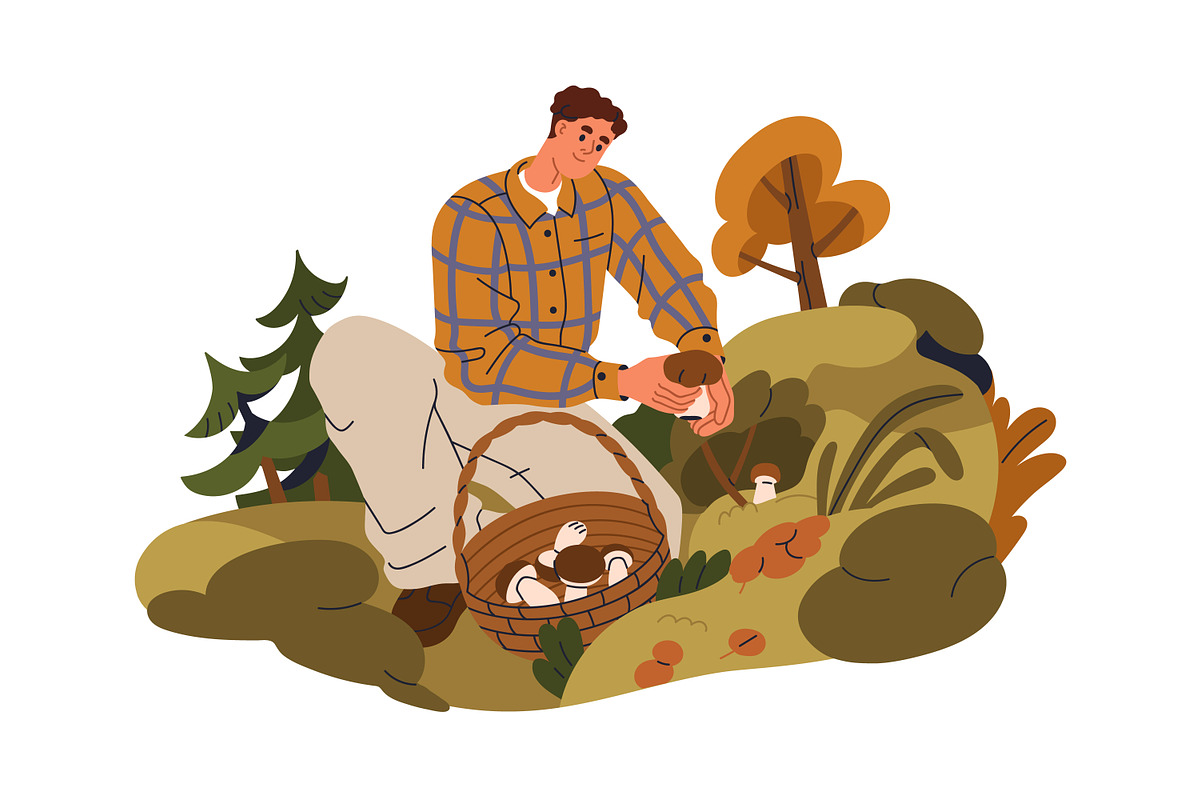 People pick mushrooms in fall forest, a Person Illustration by Good Studio (Photo 2 of 7)