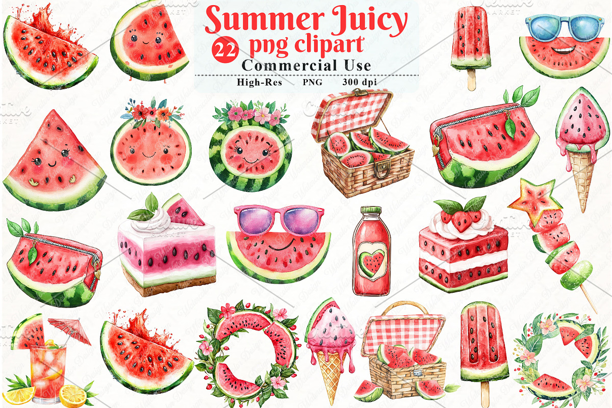 Summer Juicy Watermelon Clipart, an Illustration by Watercolor design (Photo 1 of 11)