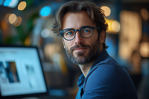 IT Evangelist man with glasses and a beard, smiling while sitting at a desk wit, a Person Photo by Textures & Backgrounds