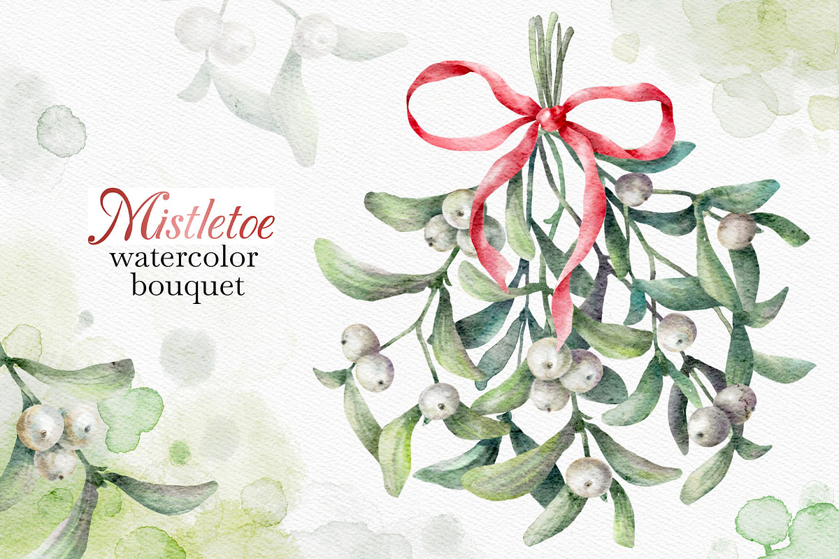 Mistletoe Watercolor Clipart., a Decorative Illustration by VetaDesign (Photo 3 of 12)