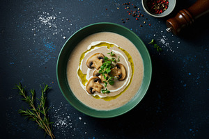 Creamy mushroom soup served with sau, a Food & Drink Photo by professorinc