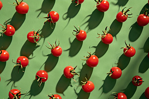 Pattern of ripe red cherry tomatoes on green background, a Food & Drink Photo by AlyaAnd