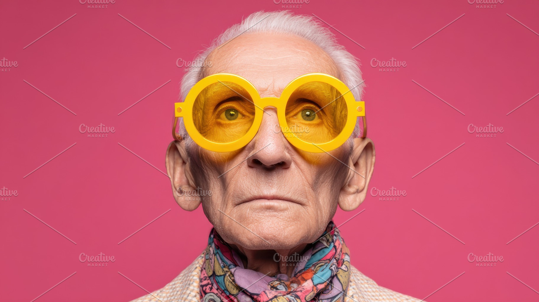 Elderly man wearing bright glasses, a Photo by Beautiful things