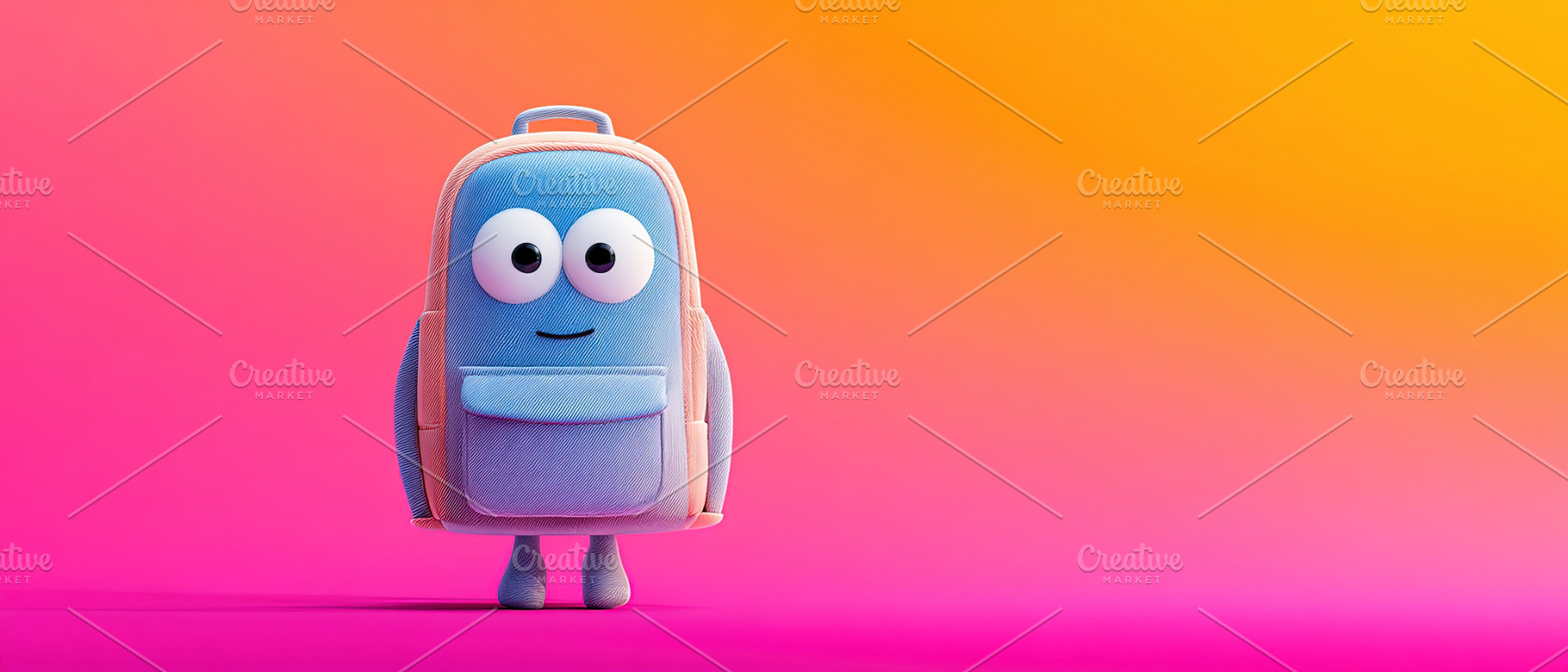 Adorable blue backpack cartoon character standing on a vibrant p, an Abstract Photo by Ales Munt