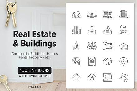 100 Real Estate & Buildings Icons, an Outline Icon by Nadiinko