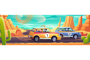 Race Cars On Road In Desert With