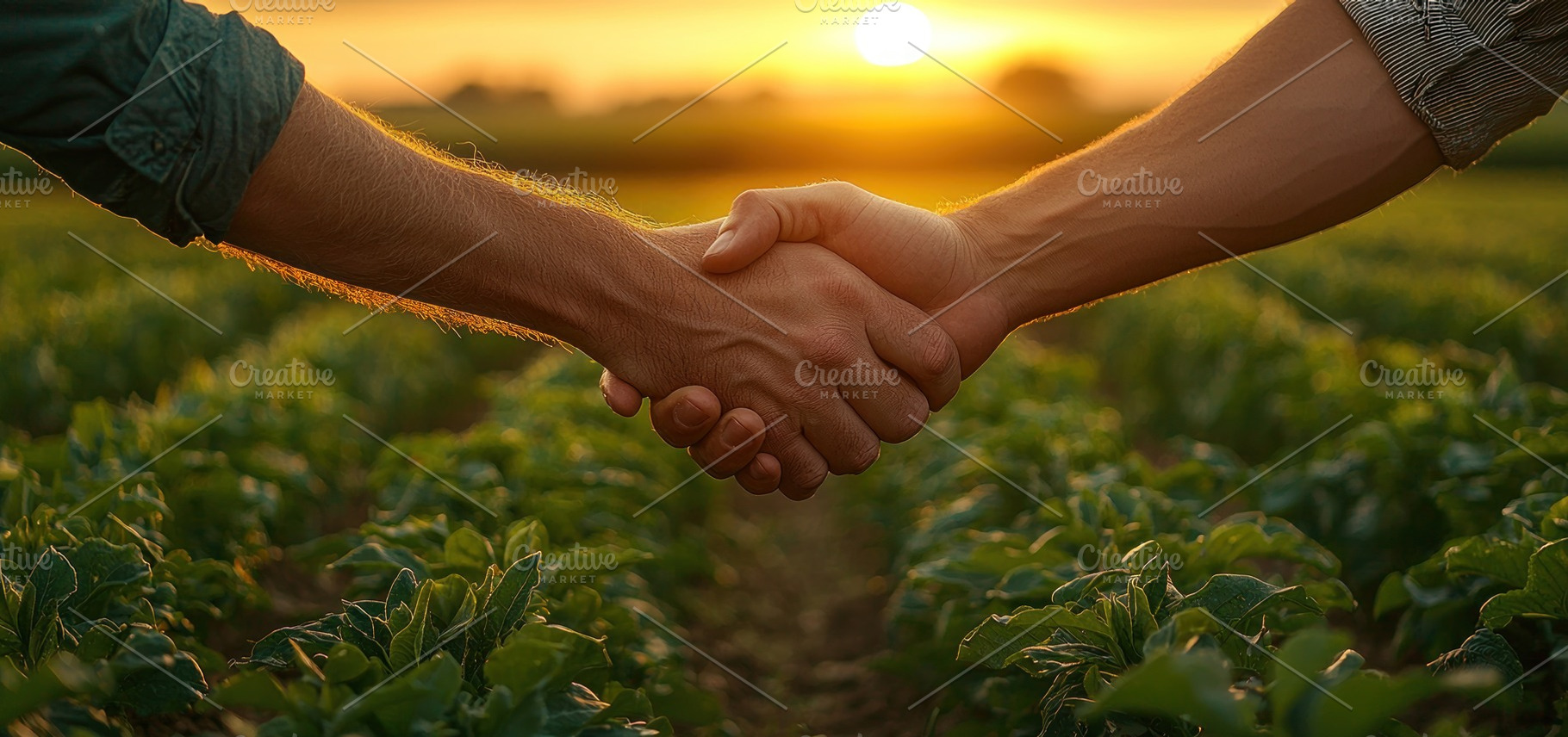 Close-up of two people shaking hands in a lush green crop field, a Nature Photo by José Manuel Gelpi