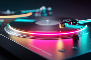 Colorful vinyl record player close-up, a Technology Photo by AlyaAnd
