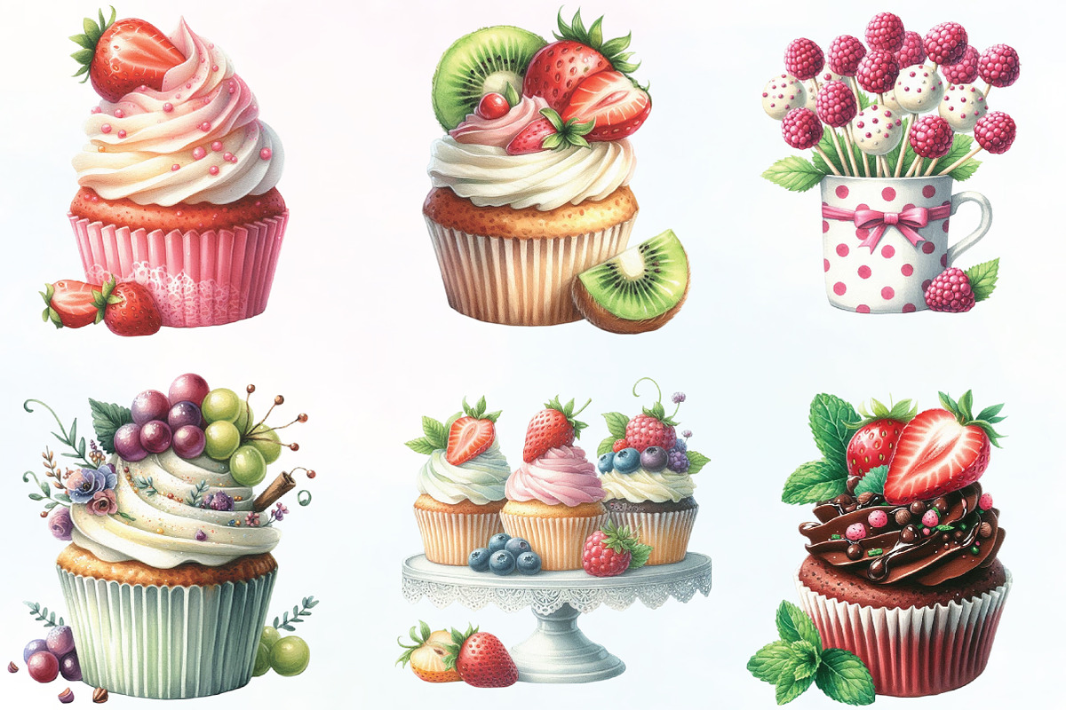 Watercolor Berry Cupcake Clipart, an Illustration by CraftArtStudio (Photo 2 of 6)
