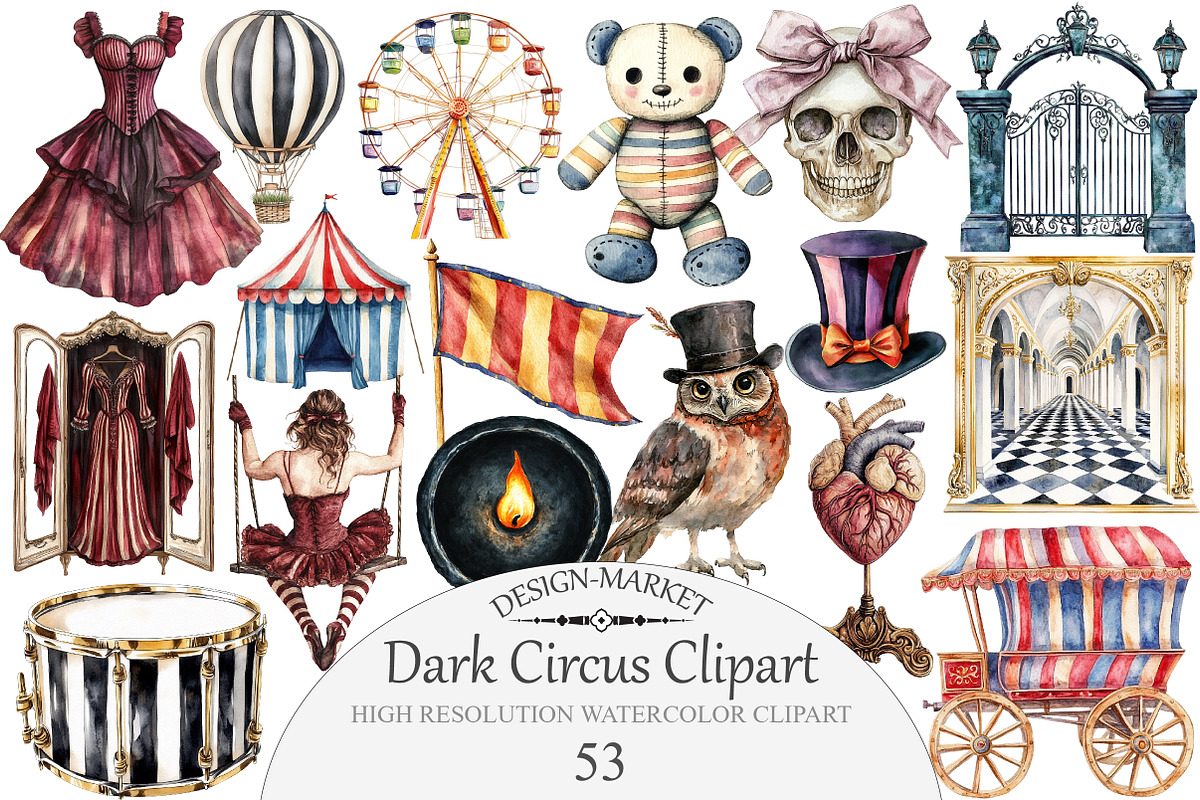 Watercolor Dark Circus Clipart, an Illustration by Design Market (Photo 1 of 5)