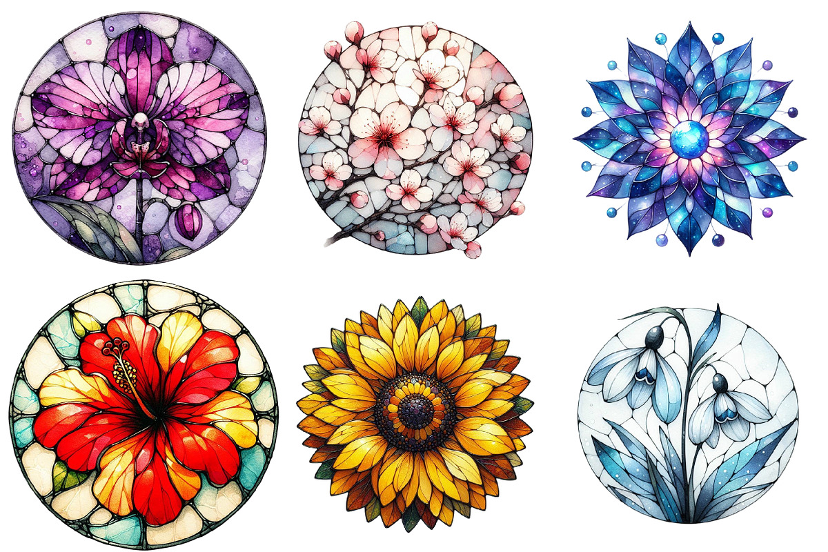 Round Stained Glass Flowers Clipart, an Illustration by DreamArtGraphic (Photo 4 of 4)