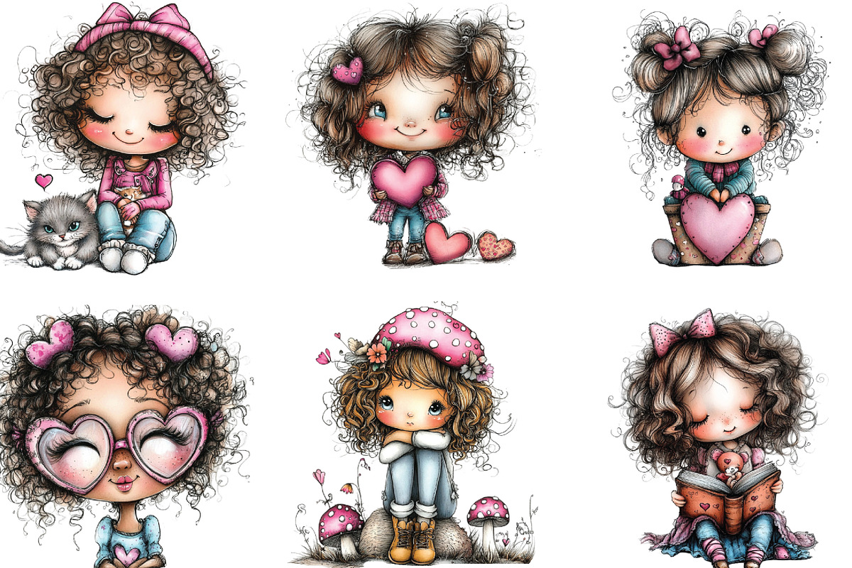 Whimsical Cute Curly Girl Clipart, an Illustration by CraftArtStudio (Photo 3 of 6)