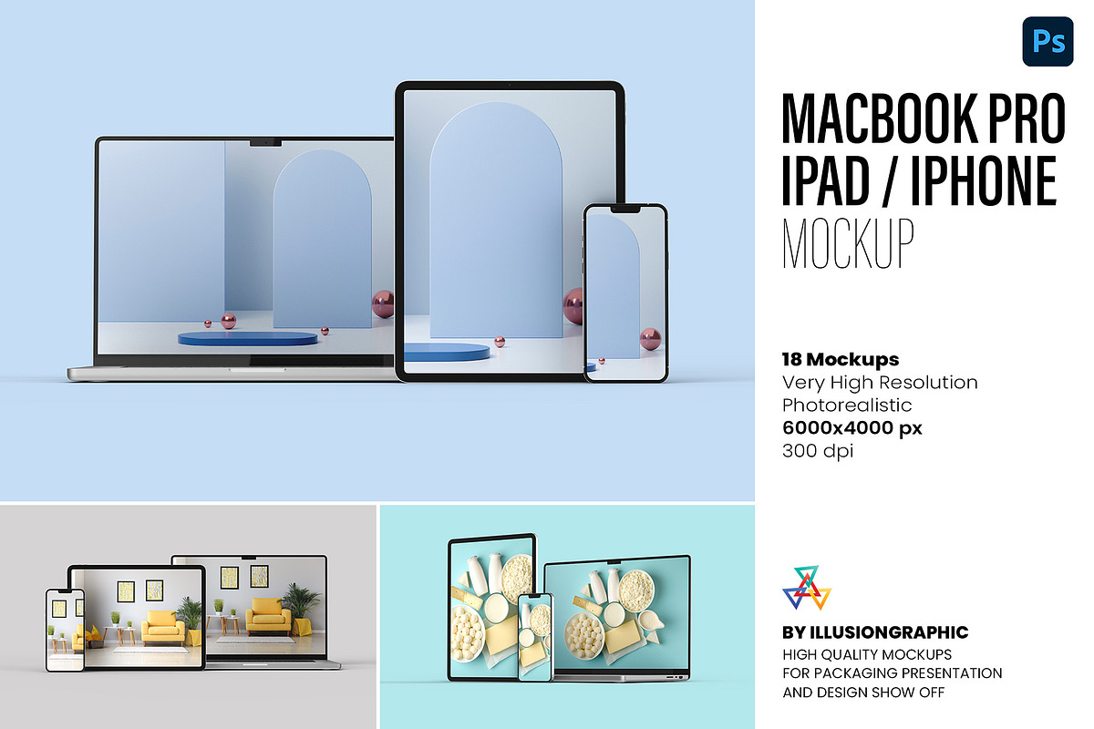 Macbook Pro iPad iPhone 13 Mockups, a Mac Mockup by Illusiongraphic (Photo 1 of 34)