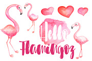 Pink Flamingo And Hearts Watercolor, an Illustration by RabbitAndPencil (Thumbnail 1 of 4)