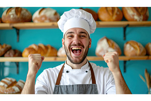 A smiling baker celebrates in front, a Food & Drink Photo by Igor Tichonow