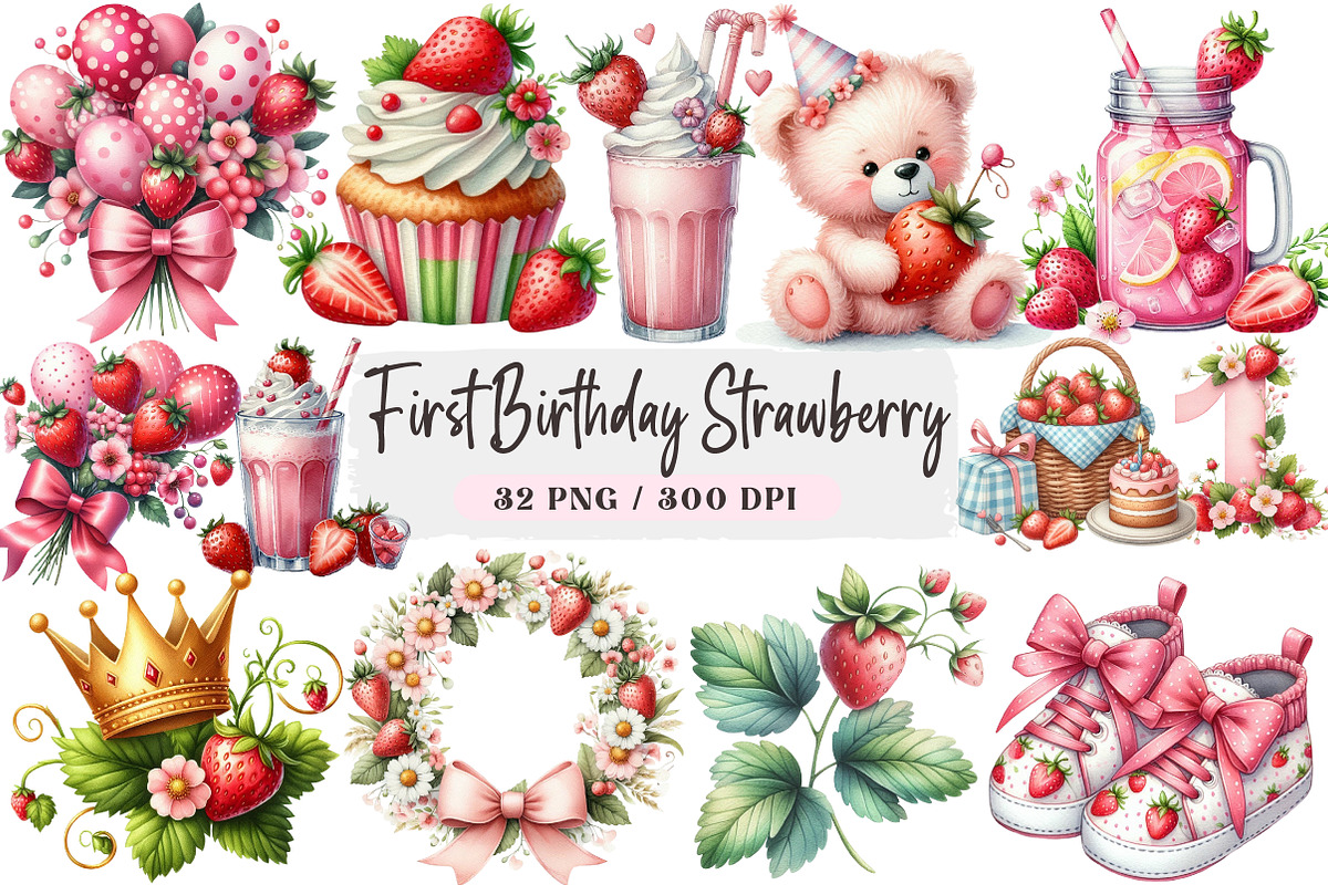First Birthday Strawberry Watercolor, an Illustration by DreamArtGraphic (Photo 1 of 4)