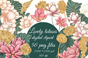 Pink and gold lotus & water lilly, a Work Illustration by Mrs.Swan_Design (Thumbnail 1 of 6)