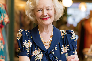 Senior woman smiling in a vintage style floral dress and pearl n, a Person Photo by Studio ANNA