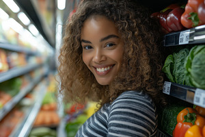 A smiling young woman with curly hair stands in front of a colorful produce dis, a Person Photo by ImageMir