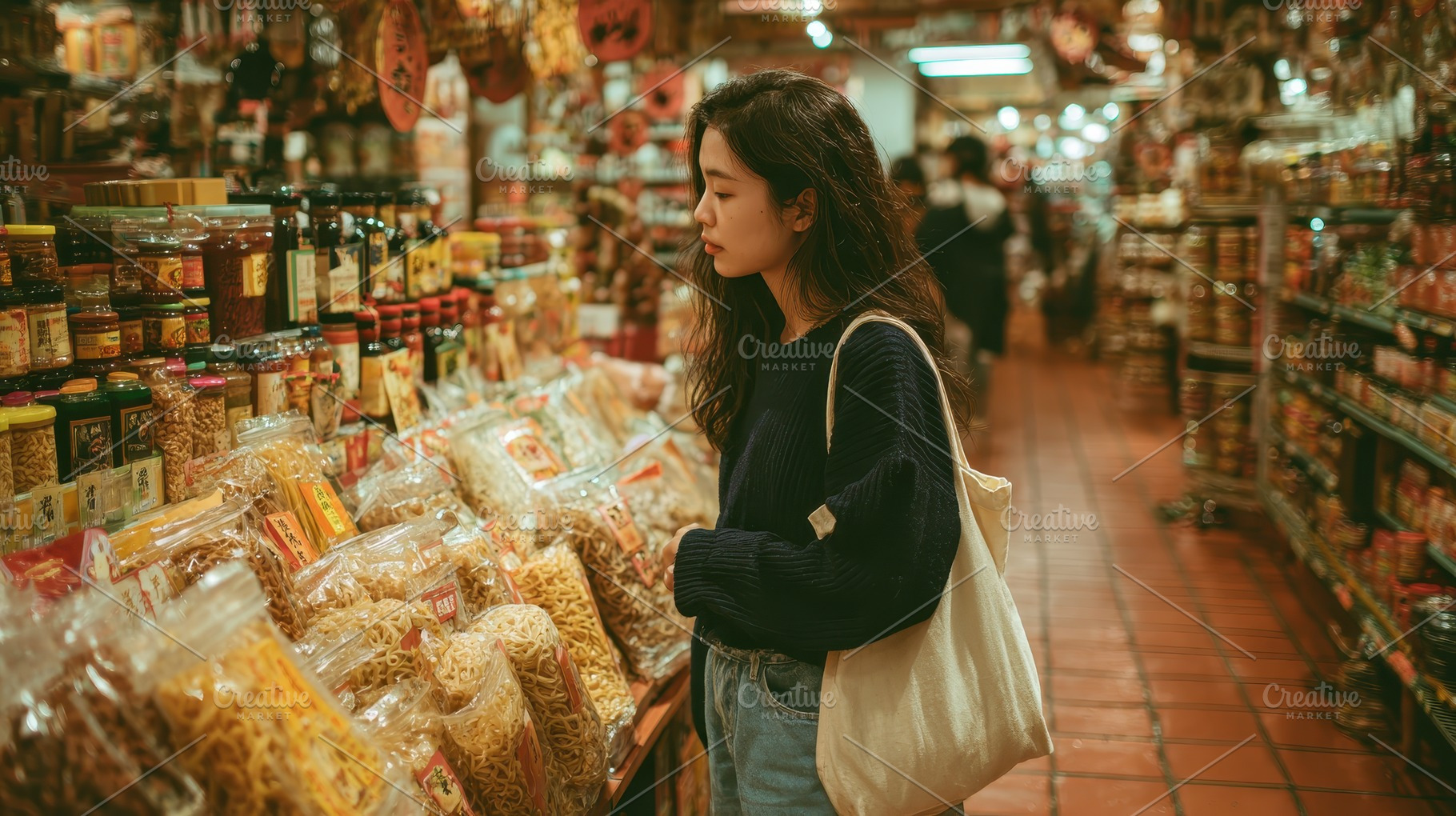 Woman shopping at Asian grocery stor, a Photo by Pixeness Studio