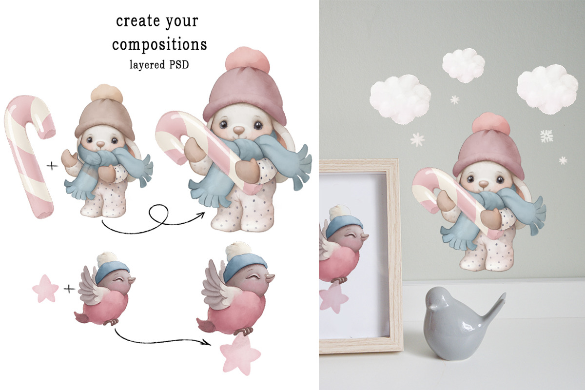Watercolor Christmas baby rabbit Set, a Seasonal Illustration by TanyaSchuka (Photo 4 of 11)