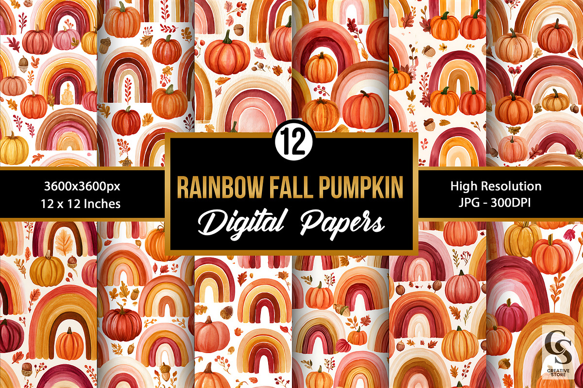 Fall Rainbow & Pumpkin Digital Paper, a Pattern Graphic by Creative Store (Photo 1 of 5)